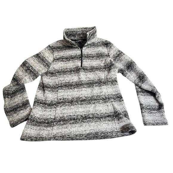Lands End 1/4 Zip Black Gray Heather Stripe SWEATER Womens MED L Fleece Pullover - Picture 1 of 7